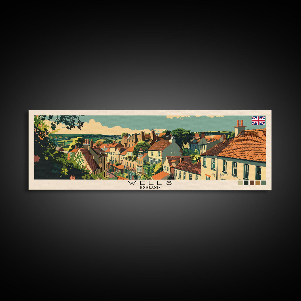 Wells, England Panoramic Canvas Print, Wells, England Painting, England Art, Wells Travel Poster, Travel Art, Guest Room Painting