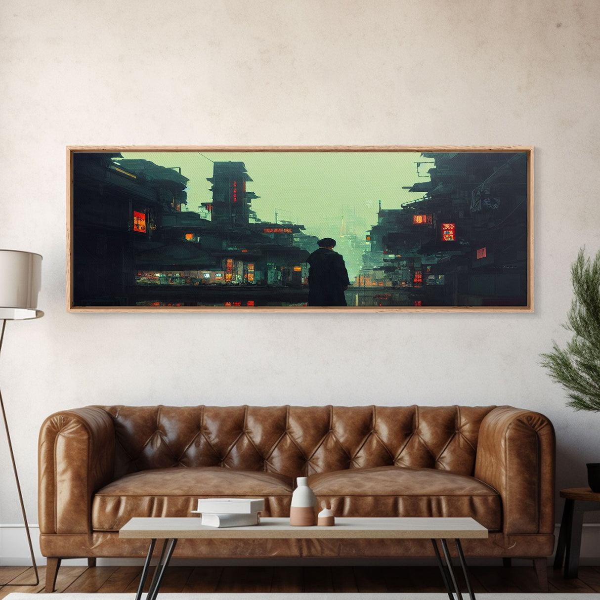 80s style Cyberpunk Japanese City, Retro Punk Tokyo, Framed Canvas Print, Framed Wall Art, Large Panoramic Wall Decor