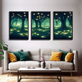 Fantasy forest wall decor, ready to hang 3 piece canvas print, 3 piece wall art, firefly wall art, Fireflies In A Fairy Forest at Night