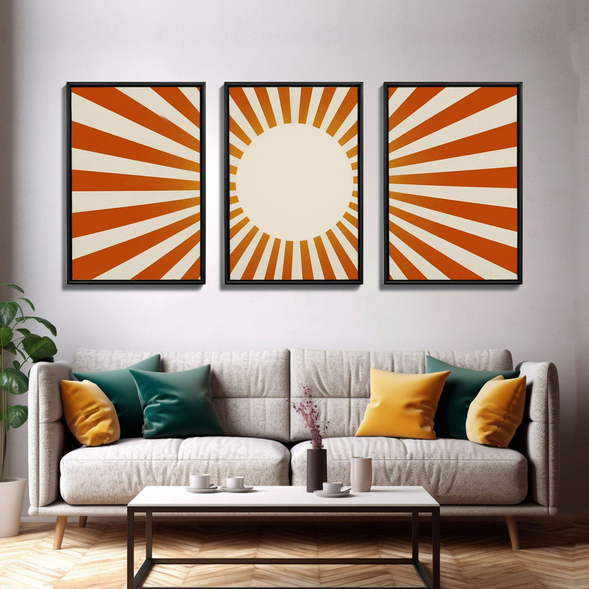 Boho Horizontal Sun Print, 3 Piece Art, Triptych Wall Art, Framed Canvas Prints, Yellow Sun Poster, Sunrise Wall Art, Boho Nursery Prints