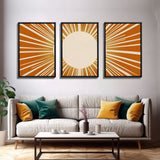 Sun Print Set Of 3, Framed Canvas Prints, Boho Minimalist Midcentury Modern Wall Art, Geometric Sun Print, Nursery Boho Style Decor Triptych