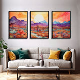 Black Framed 3 Piece Wall Art, Southwestern Desert Scene at Sunset, Minimalist Wall Art, MCM Style Midcentury Wall Decor, Above Sofa Art