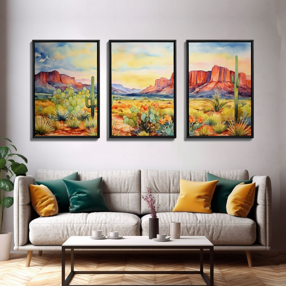 Southwestern Room Decor, Retro Desert Art, Set Of 3, Framed Canvas Prints, Wall Decor, Nursery Decor, Living Room Decor, Home Decor