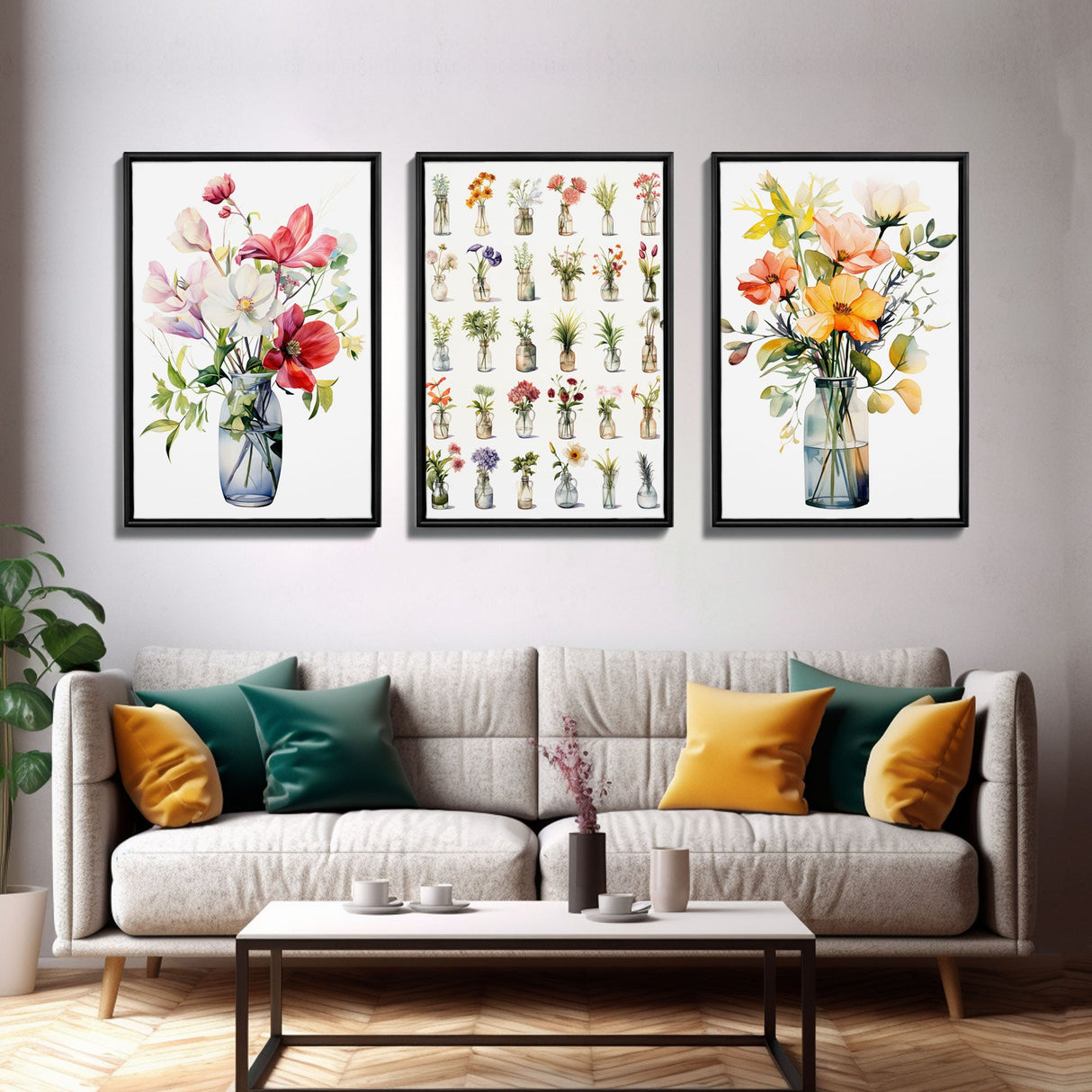 3 Piece Set, Cute Kawaii Floral Print, Flowers In Vases, Framed Wall Art, Canvas Print, Botanical Wall Decor, Dried Flower Large Triptych