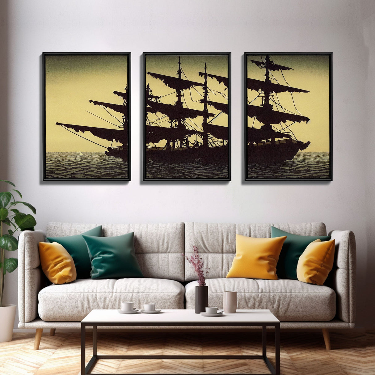 Haunted ghost pirate ship aloft in the sea, 3 piece canvas, 3 piece wall art, living room above sofa art