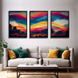 Psychedelic sunrise, beautiful colorful wall art, 3 piece canvas print, three piece wall art, living room above the couch art