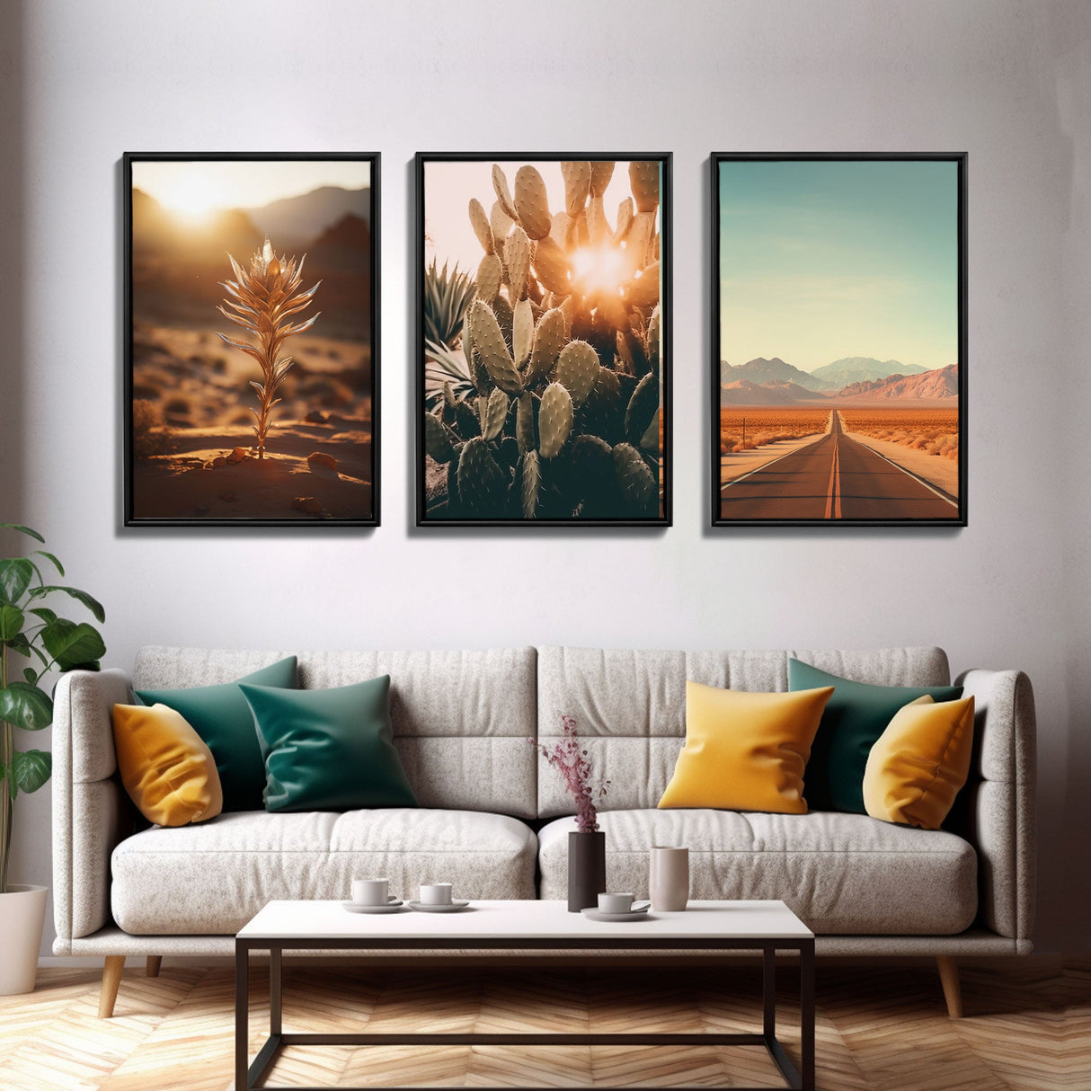 3 Piece Triptych Framed Canvas Wall Art Set of 3 Cactus Desert Landscape Arizona Road Photography Prints Minimalist Modern Art Western Decor