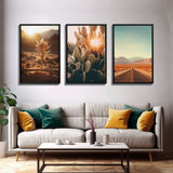 3 Piece Triptych Framed Canvas Wall Art Set of 3 Cactus Desert Landscape Arizona Road Photography Prints Minimalist Modern Art Western Decor