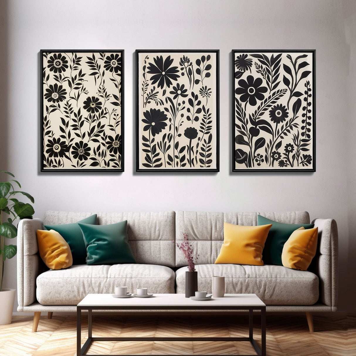 Black and White Floral Print, 3 Piece Framed Canvas Art, Boho Rustic Farmhouse Decor, Living Room Art, Minimalist Wall Art