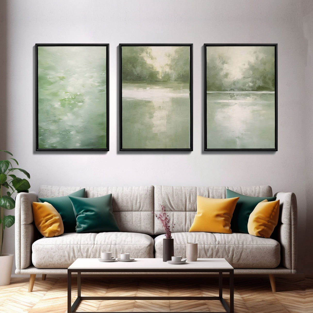 Framed Canvas Wall Art Set of 3 Green Abstract Landscape Print Modern Art Minimalist Decor, Boho Wall Art, Country Decor, Mint Green Art