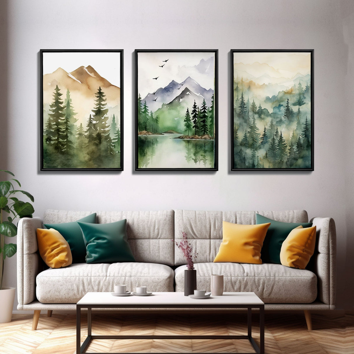 Triptych Framed Canvas Wall Art Set of 3 Green Forest Mountain Nature Landscape Prints Minimalist Modern Art, Woodland Nursery Decor