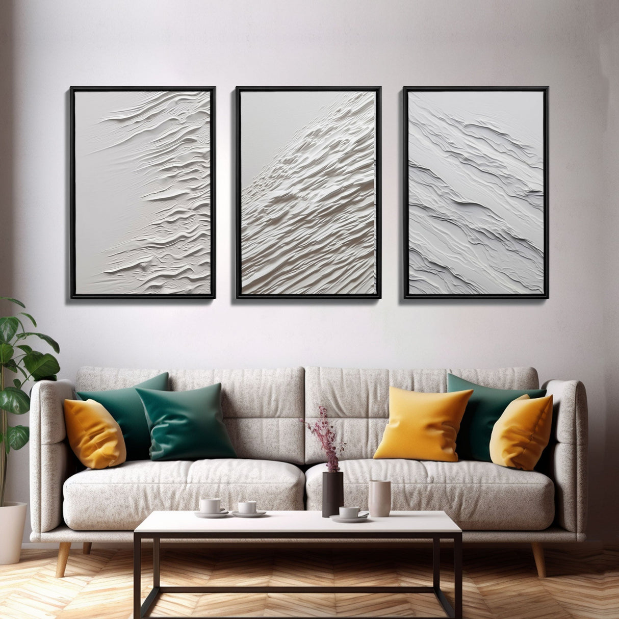 Triptych Framed Canvas Print Wall Art Set of 3 White Textured Effect Abstract Prints Modern Minimalist Wall Art Neutral Decor Impasto Effect