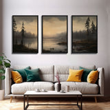 Moody 3 Piece Canvas Wall Art, Solumn PNW Lake At Sunset, Framed Canvas Print 3 Panel Set, Original Landscape Painting, Pacific Northwest