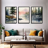 Framed Canvas Wall Art Set of 3 Pastel Mountain Range Lake Nature Landscape Prints Minimalist Modern Art Woodland Nursery Decor Office Art