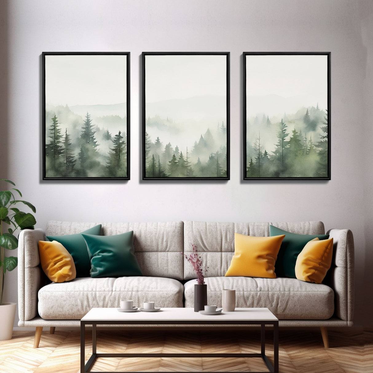 Framed Canvas Wall Art Set of 3 Emerald Green Pine Tree Mountain Range Nature Landscape Prints Minimalist Modern Art Woodland Nursery Decor