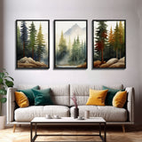 3 Panel Framed Canvas Print Wall Art Set of 3 Emerald Green Mountain Forest Lake Landscape Minimalist Modern Art Nature Wall Decor Pine Tree