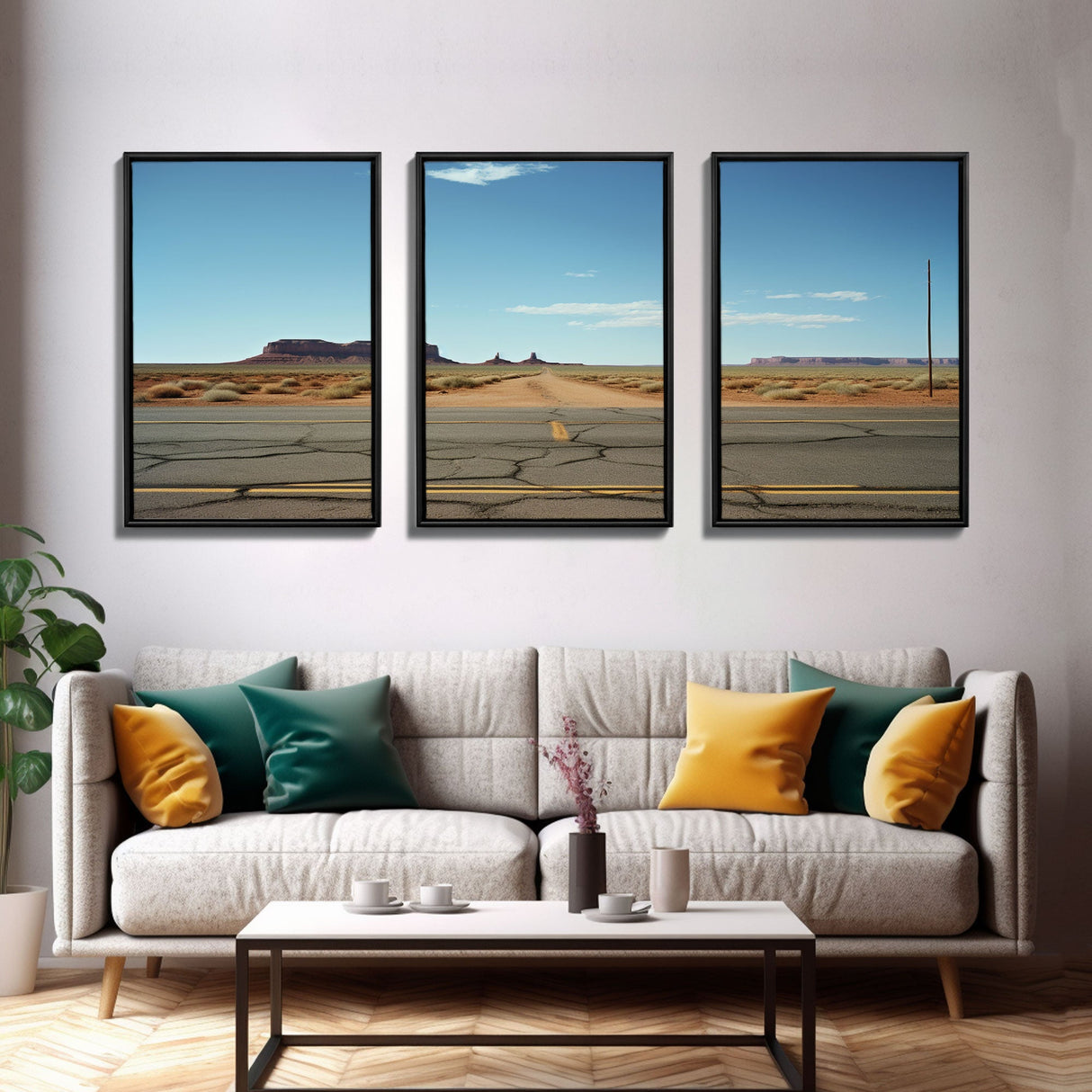 Historic Route 66 Photography 3 Piece Print, Framed Canvas Art, Blue Skies Over Arizona Route 66 Wall Decor, Wall Art