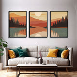 Framed Canvas Wall Art Set of 3 Sunset Forest Landscape Abstract Illustrations Prints Modern Art Minimalist Boho Wall Decor, 3 Piece Art