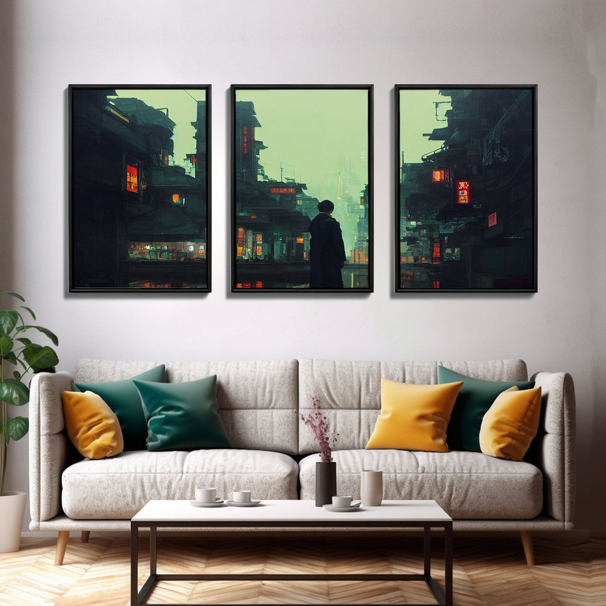 80s Style Cyberpunk Tokyo, Retrofuturism, Dystopian art, 3 piece wall art, 3 piece canvas print