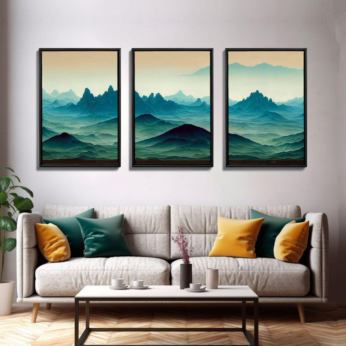 Emerald green rolling hills, fantasy mountains, 3 piece wall art, 3 piece canvas print, cool home wall decor