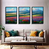 Colorful rolling hills, flower fields, landscape art,  3 piece wall art, 3 piece canvas, cool centerpiece living room wall art