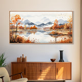 Panoramic Gold Brown Mountain Valley Watercolor Art Print On Canvas, Misty Rolling Hills Landscape Painting, Extra Large  Wall Art