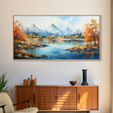 Panoramic Gold Brown Mountain Valley Watercolor Art Print On Canvas, Misty Rolling Hills Landscape Painting, Extra Large  Wall Art