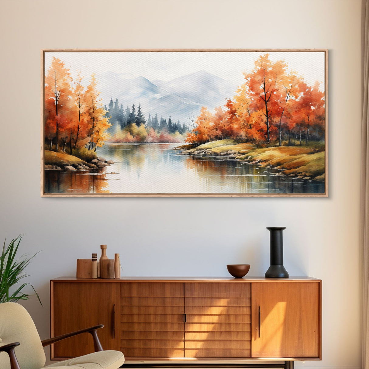 River Wall Art, Watercolor Wall Art, Nature Art, Fall Art, Canvas Print, Wall Hanging, Panoramic Art, Nature Painting, Appreciation Gift