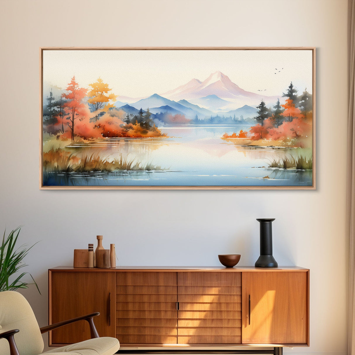 Lake Art. Mountains Wall Art, Fall Art, Nature Art, Watercolor Wall Art, Canvas Print, Wall Hanging, Panoramic Art, Farmhouse Wall Art