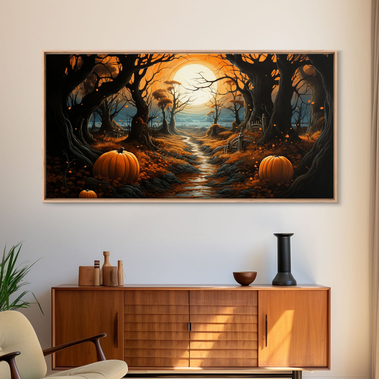 Halloween Wall Decor, Spooky Art Print, Pumpkin Decor, Canvas Print, Wall Hanging, Panoramic Art, Farmhouse Wall Art, Ranch House Decor