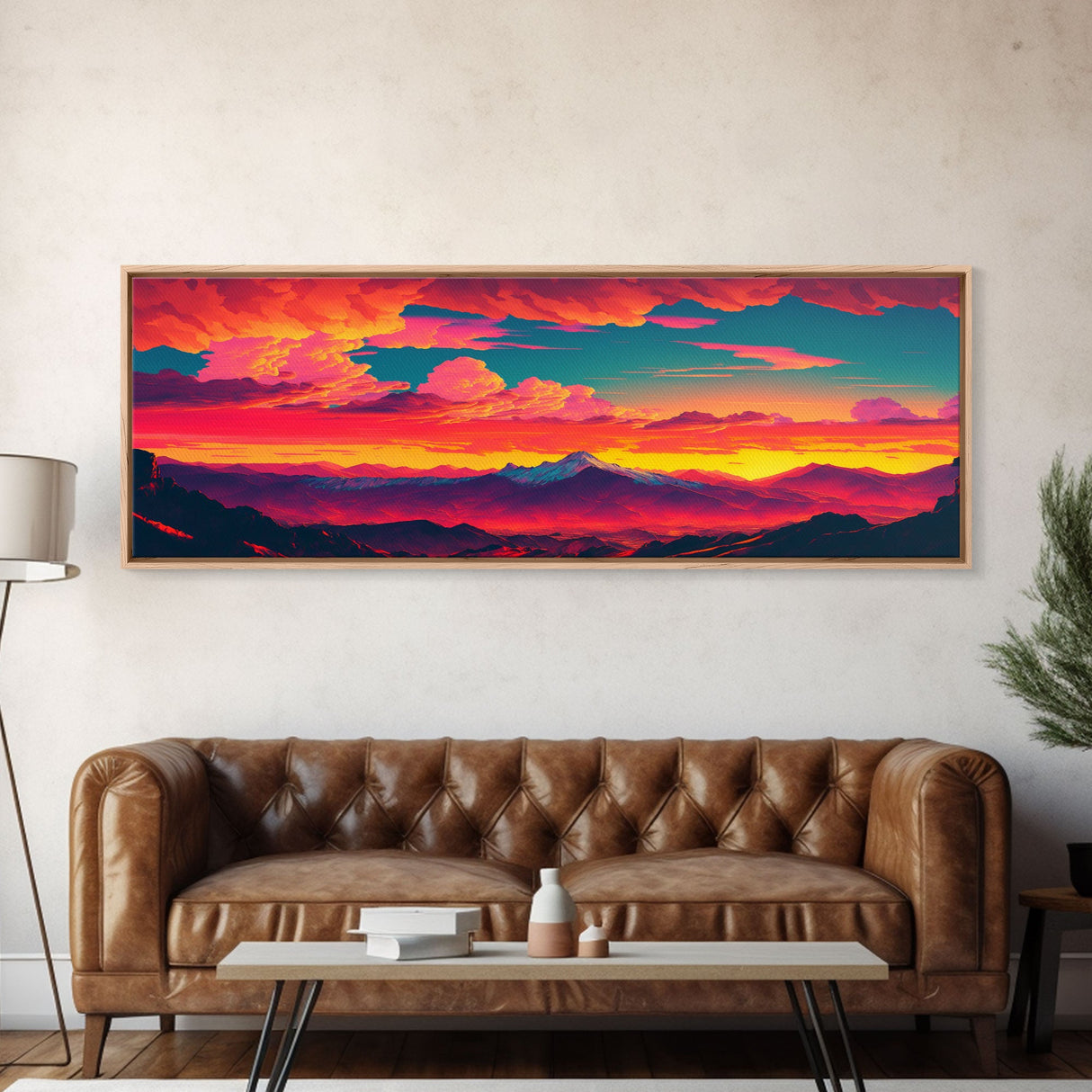 Panoramic Framed Canvas for Living Room, Bedroom - Synthwave Mountain Landscape Painting, Beautiful Landscape Art Print