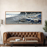 Driftwood, Panoramic Framed Canvas Print, Pacific Northwest / Washington State Driftwood Washed Up On The Shore, Extra Wide Format Art