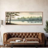 Panoramic Framed Canvas Print of Misty Fog Covered Lake and Pine Tree Forest, Perfect for Living Room, Bedroom