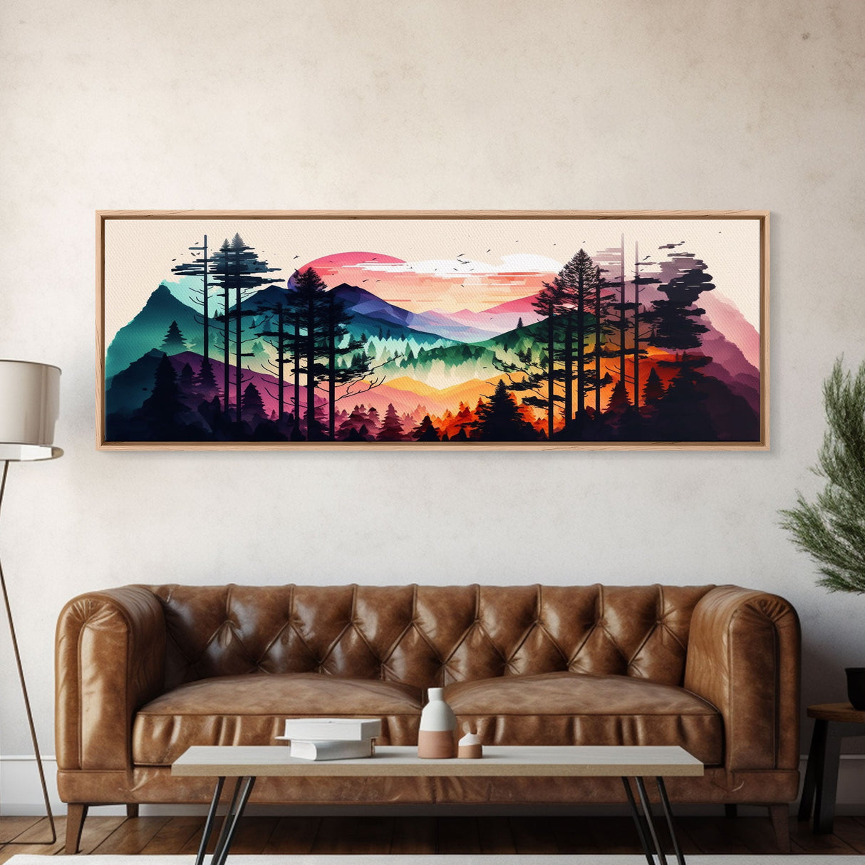 Vibrant Double Exposure Watercolor of a Mountain Landscape and Pine Tree Forest at Sunset, Wide Panoramic Framed Canvas Print