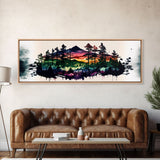 Vibrant Double Exposure Watercolor of a Mountain Landscape and Pine Tree Forest at Sunset, Wide Panoramic Framed Canvas Print