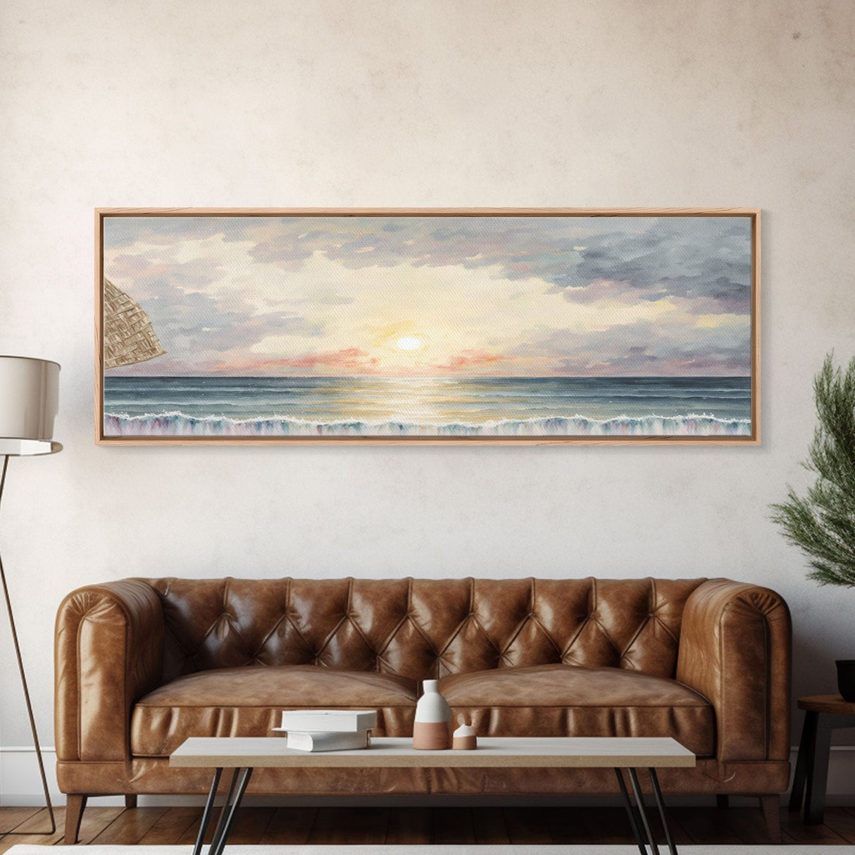 Whimsical Beach Art Watercolor, Framed Canvas Print, Panoramic Lakehouse Art, Light Pastels, Ultra Wide Format Above Bed Art