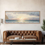 Whimsical Beach Art Watercolor, Framed Canvas Print, Panoramic Lakehouse Art, Light Pastels, Ultra Wide Format Above Bed Art