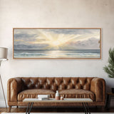 Whimsical Beach Sunset Art Watercolor, Framed Canvas Print, Panoramic Lakehouse Art, Light Pastels, Ultra Wide Format Above Bed Art