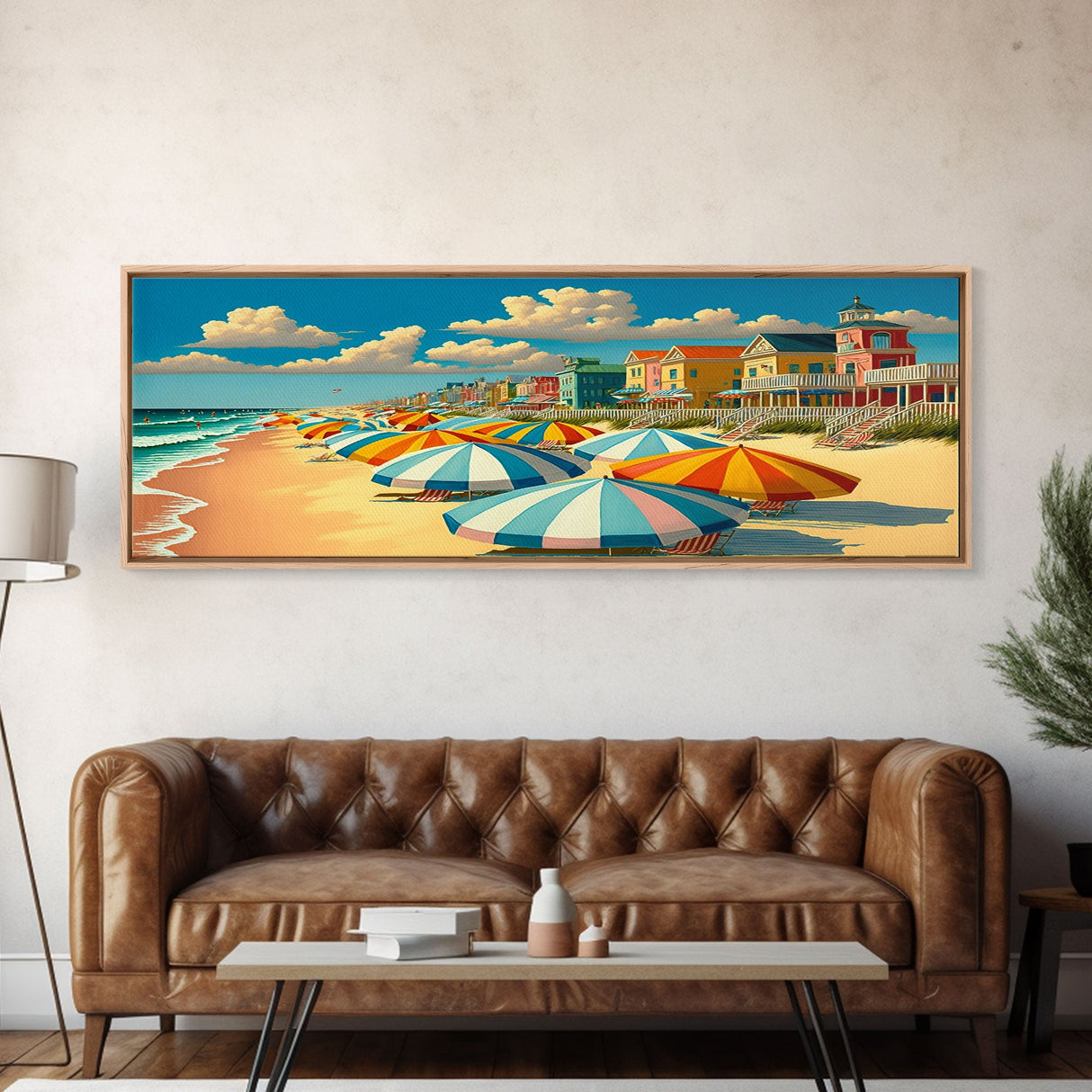 The Beach Boardwalk, Beach Umbrellas, Framed Canvas Print, Colorful Panoramic Beach Art, Midcentury Modern Style Wall Art