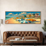 The Beach Boardwalk, Beach Umbrellas, Framed Canvas Print, Colorful Panoramic Beach Art, Midcentury Modern Style Wall Art