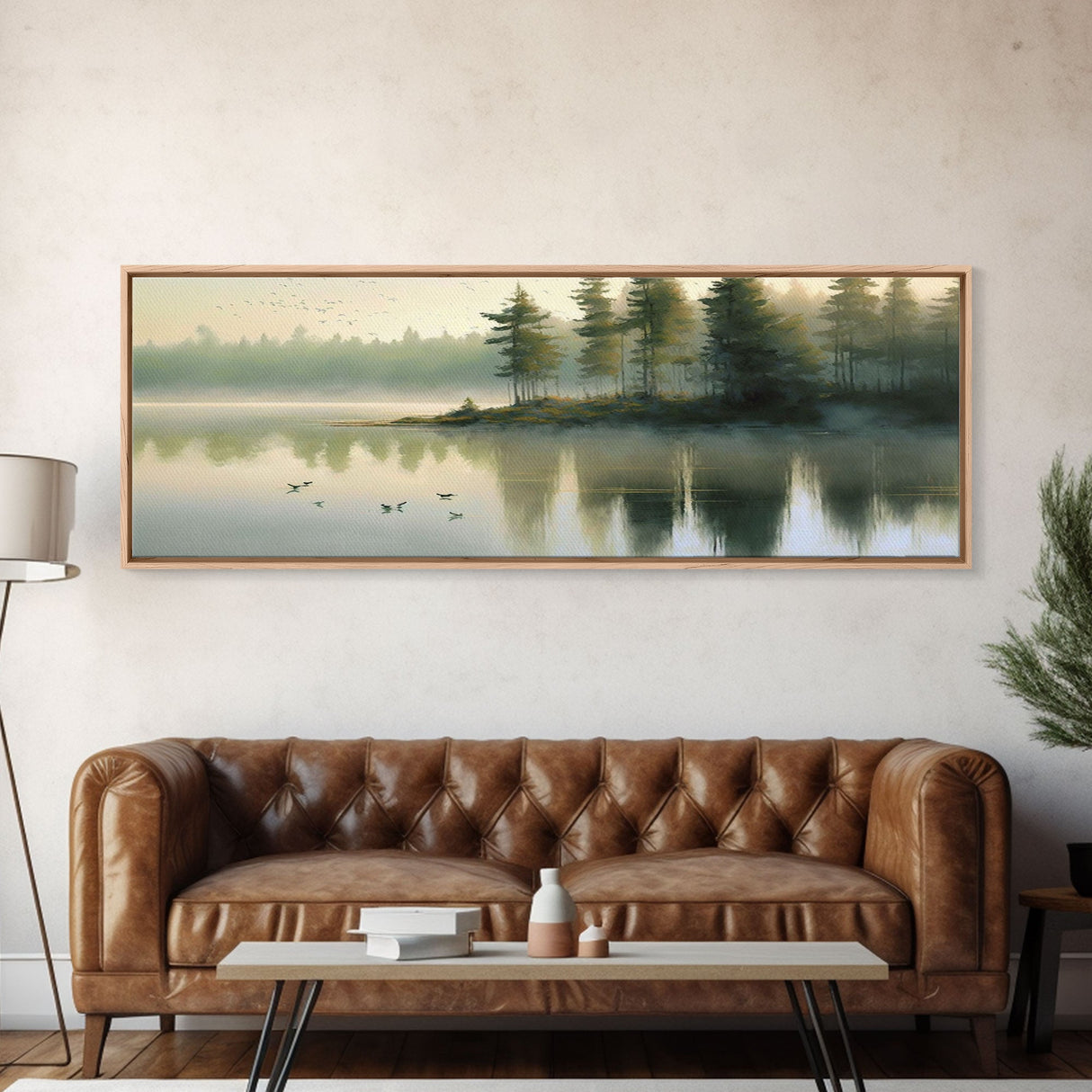 framed lake landscape art, panoramic, framed wall art,  living room wall decor, framed canvas, minimalist landscape, abstract landscape art