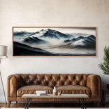 Panoramic Framed Canvas Print of Watercolor Snowy Mountain Lake Reflection Landscape Painting, Unique Landscape Wall Art