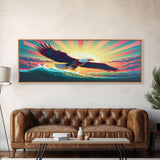 American Bald Eagle, Panoramic Wall Art, Framed Canvas, Retro Style Eagle Painting, Synthwave Ocean Sunset Art