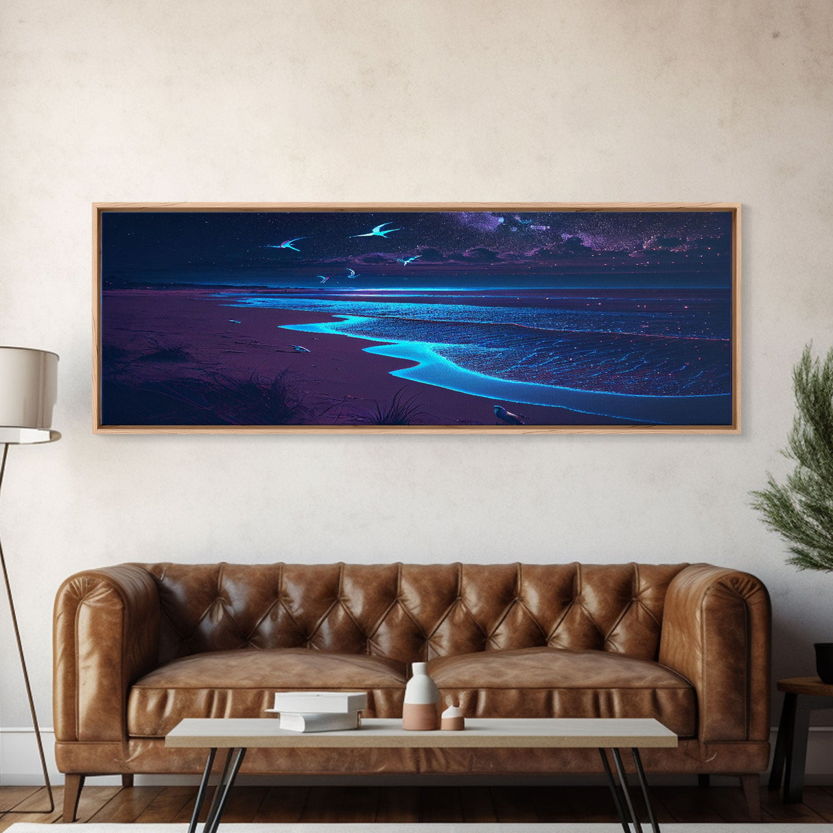 Night Moves, Retro Synthwave Beach Art, Framed Canvas Print, Starry night sky over the pacific ocean