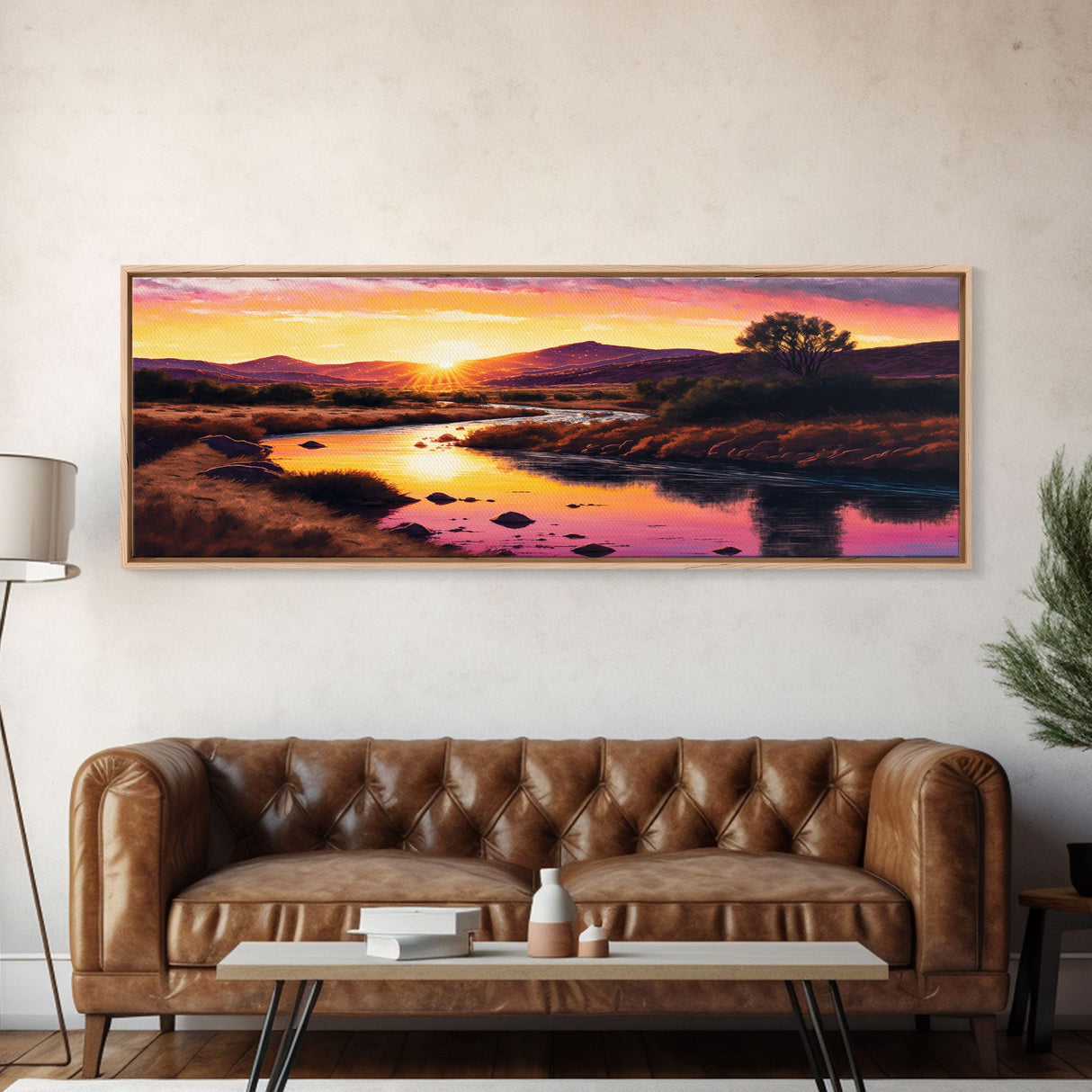 Vibrant Orange Mountain Sunset Panoramic Framed Canvas Print, Colorful Nature Landscape, Cool Wall Art