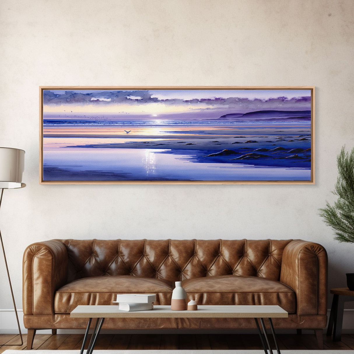 Panoramic Framed Watercolor Beach Landscape Canvas Print - Colorful Clouds & Waves | Seascapes Wall Art | Sunset Over The Ocean