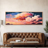 Panoramic Framed Canvas Print of Watercolor Panoramic Landscape Painting of Red & Pink Clouds at Sunset, Framed Wall Art