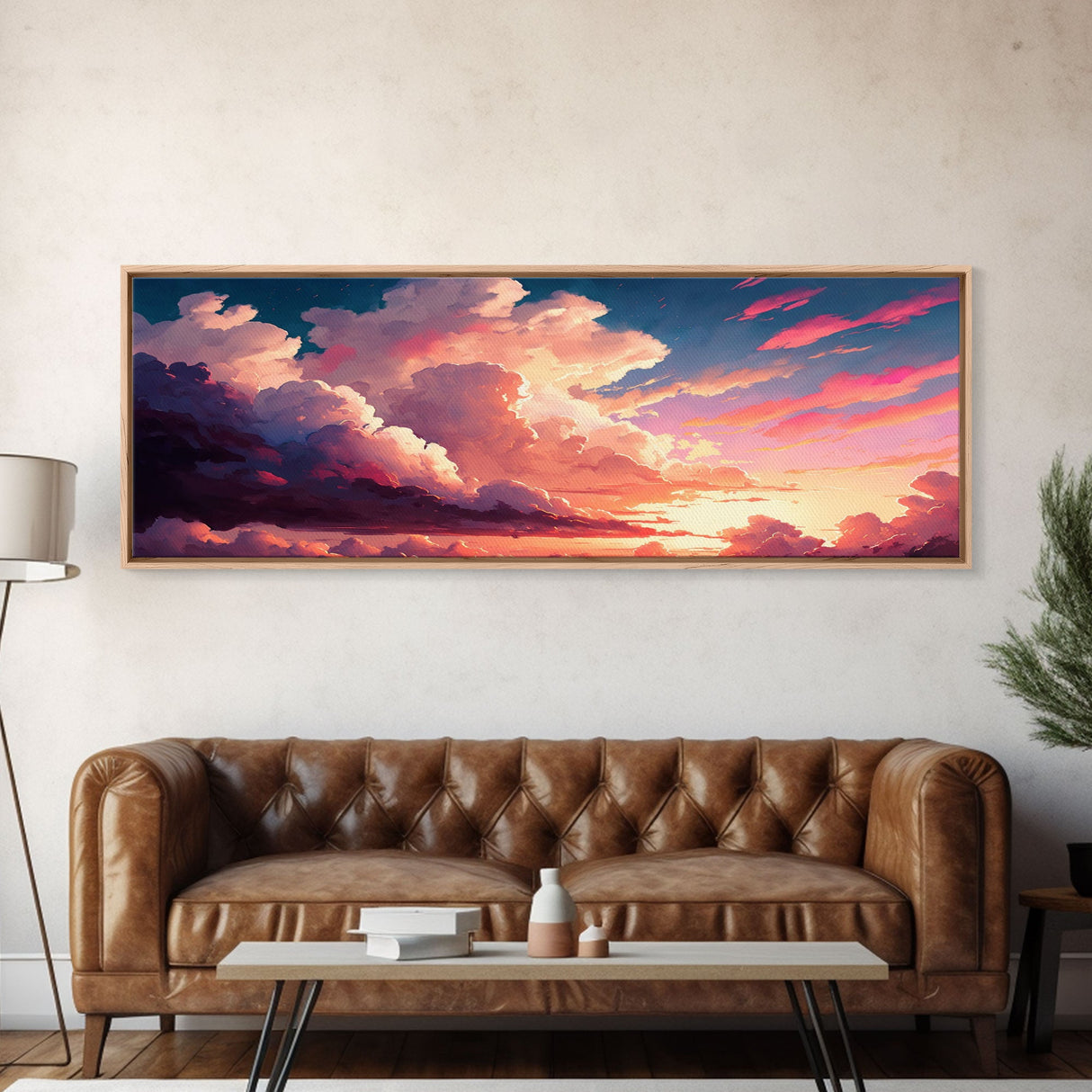 Beautiful Panoramic Framed Canvas Print of Red and Pink Clouds and Sunset, Framed Wall Art, Wall Decor, Living Room Art