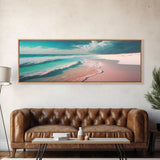 Panoramic Framed Canvas Print of Watercolor Beach Sunset Landscape Painting, Blue Ocean Waves, Tranquil Art, Peaceful Art