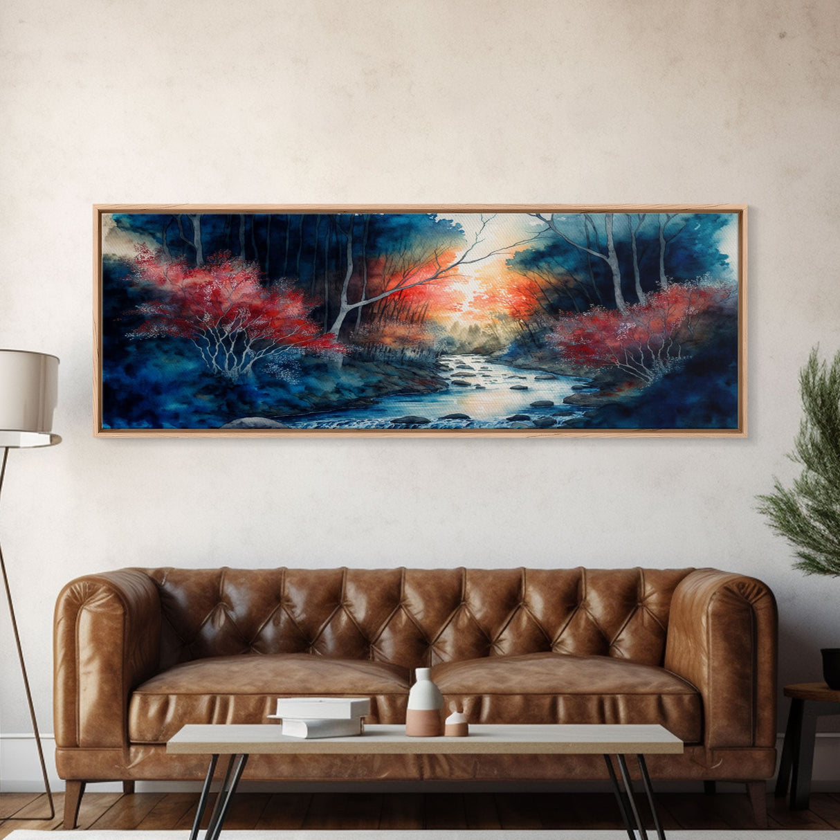 Panoramic Framed Canvas Print - Watercolor Forest and River Landscape, Perfect for Living Room, Bedroom, Home Office